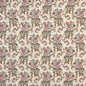 Pink Beige And Green Floral Tapestry Upholstery Fabric By The Yard
