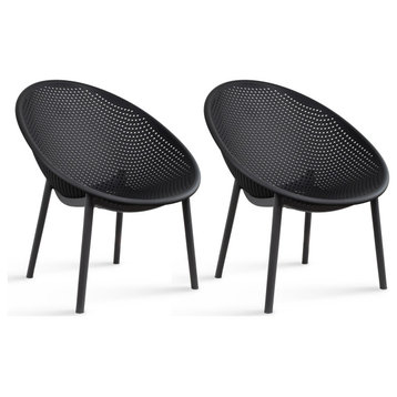 Set of 2 Modern Plastic Lounge Chair Egg Shaped Seat for Indoor/Outdoor, Black