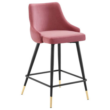 Retro Modern Counter Stool, Black Legs With Gold Caps and Velvet Seat, Dusty Ros