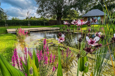 This is an example of a rural full sun garden in Dorset with a pond and decking.