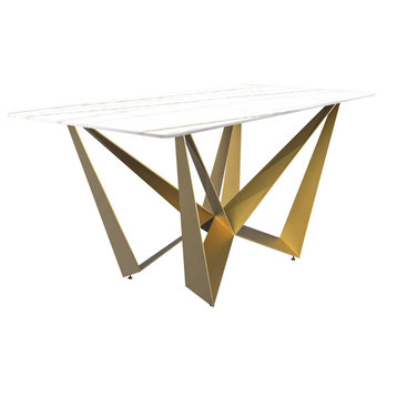 LeisureMod Nuvor Dining Table With a 55" Rectangular Top and Gold Steel Base, White/Gold
