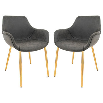 LeisureMod Markley Leather Dining Armchair Gold Legs Set of 2, Charcoal Black