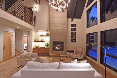 Living room - mid-sized contemporary formal and open concept light wood floor and beige floor living room idea in Other with white walls, a standard fireplace, a wood fireplace surround and no tv