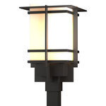 Hubbardton Forge - Tourou Large Outdoor Post Light, Coastal Oil Rubbed Bronze Finish, Opal Glass - Although the design is in honor of traditional Japanese stone lanterns, our Tourou Outdoor fixture is much easier to post-mount outside home or business. Metals bands crisscross and hug the square glass tube for design flare.