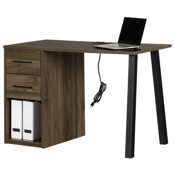 Contemporary Desk, Metal Legs With 2 Drawers & Open Comparments, Natural Walnut