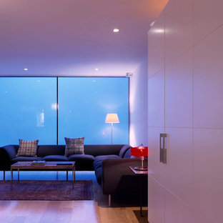 Großes, Repräsentatives, Offenes Mediterranes Wohnzimmer mit weißer Wandfarbe und braunem Holzboden in London