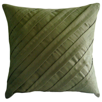 Textured Pintucks 16"x16" Suede Fabric Green Pillow Cover, Contemporary Olive