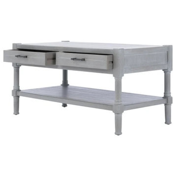 Transitional Coffee Table, Grooved Shelf and 2 Storage Drawers, White Wash Gray