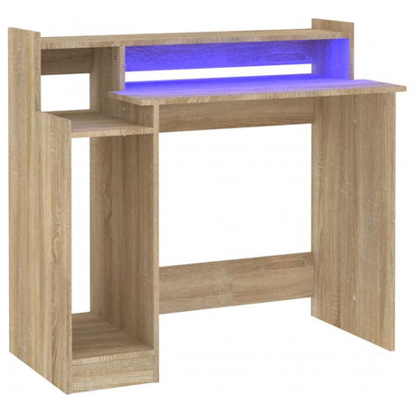 vidaXL Desk with LED Lights Computer Desk with LED Sonoma Oak Engineered Wood