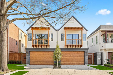 Transitional white two-story exterior home idea in Dallas with a gray roof