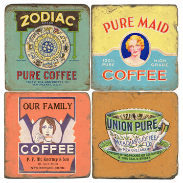 Tumbled Marble Coaster St/4 With Coaster Stand, Vintage Coffee Labels