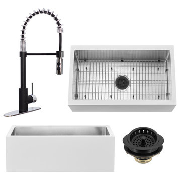 33" Single Bowl Farmhouse Solid Surface Sink and Faucet Kit, Black/Chrome