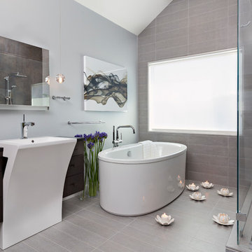 Open Contemporary Bath with Walnut Vanity and Hidden Storage