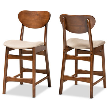 Sand Fabric and Walnut Brown Finished Wood Counter Stool, Set of 2