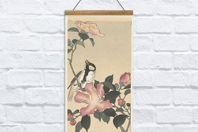 Oriental Hanging Canvas Print, Wooden Hanger in Real Oak