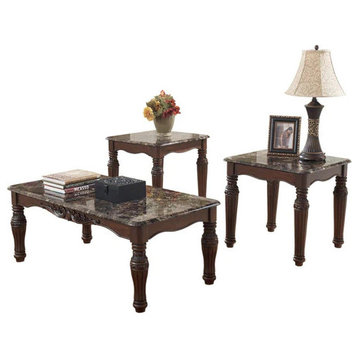 Benzara BM190135 Wooden Table With Turned Legs & Faux Marble Top, 3-Piece Set