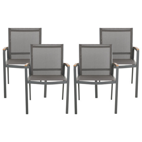 Emma Outdoor Aluminum Dining Chairs with Faux Wood Accents, Gray/Natural Brown, Set of 4