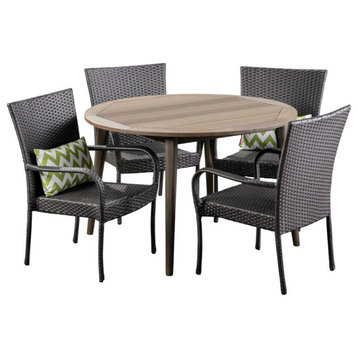 GDF Studio 5-Piece Ivey Outdoor Wood and Wicker Dining Set, Gray Finish/Gray