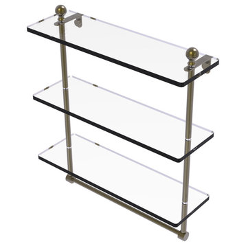 Mambo 16" Triple Tiered Glass Shelf with Towel Bar, Antique Brass