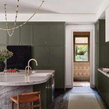Contemporary Kitchen with Olive Cabinetry and Marble Detailing