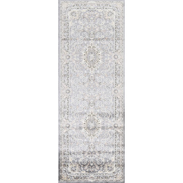 Grey Floral Medallion Transitional Turkish Rug Oriental Carpet 3x10