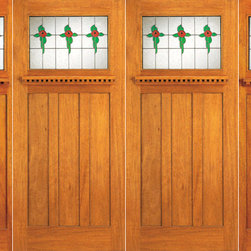 Stained Glass Craftsman Style, Mahogany Double Door and Two Sidelites - Front Doors