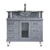 Vincente 36" Single Bath Vanity, Gray, Clear Tempered Glass Top and Round Sink