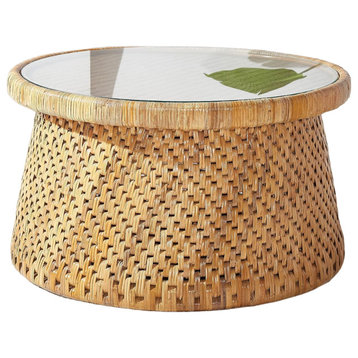 Rustic Coffee Table, Rattan Construction With Round Tempered Glass Top, Natural
