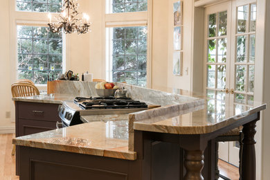 Inspiration for a mid-sized timeless l-shaped light wood floor and beige floor enclosed kitchen remodel in Other with quartzite countertops, stainless steel appliances, an island, recessed-panel cabinets and dark wood cabinets