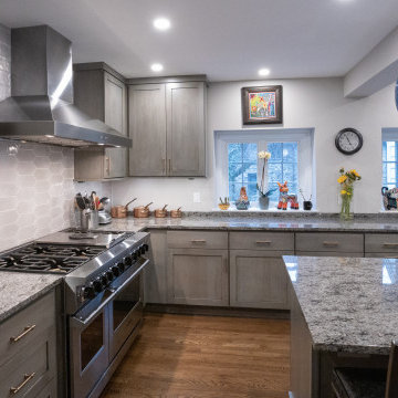 Transitional Gourmet Kitchen with Gray-Stained Cabinets | Large Island
