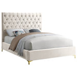 Meridian Furniture - Cruz Velvet Upholstered Bed, Cream, King - Revamp your bedroom space with this sumptuously crafted Cruz king bed from Meridian furniture. The star of the show here is the headboardits tufted with deep button tufts that not only keep its thick padding in place and aloft, but also add a modern, textural look to your space. Sleek cream velvet upholstery feels luxuriously upscale to the touch, and the high headboard and the minimalist platform frame with metal feet add a timelessly contemporary silhouette to your space.