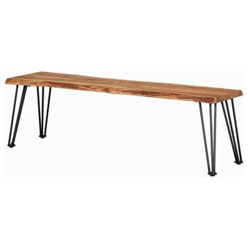 Industrial Dining Bench, Hairpin Gunmetal Legs With Natural Acacia Wooden Seat