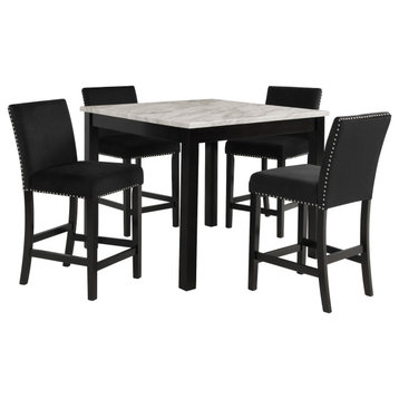 Benzara BM272110 42" 5 Piece Counter Table Set With Velvet Seating, Black