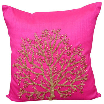 Pink Art Silk 18"x18" Beaded Tree Pillow Covers, Fuchsia Tree Of Life