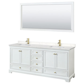 80"DBL Vanity White, Carrara Cult. Marble Top, Sinks, Gold Trim, 70"Mirror