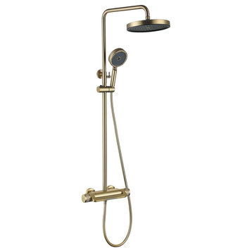 Thermostatic Wall Mounted Shower System with Multi-Function Hand Shower, Brushed Gold