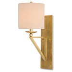 Currey & Company - Anthology Wall Sconce - References to vintage designs on our Anthology Wall Sconce include the triangular shape of the arm that holds the bulb, the scale of the round shantung shade in light beige, the delicacy of the single bobeche, the simplicity of its wall place, and the vintage brass finish.