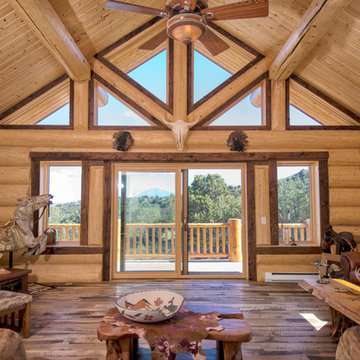 Log home with mushroom wood trim accent and skip-planed Traiblazer floor