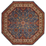 Bareens Designer Rugs - Tribal Kazak Abdul Blue/Ivory Wool Round - 7'8'' x 7'9'' - Embellish your home with this exquisitely hand-knotted Super Kazak Rug made with the finest hand spun wool and all vegetable dyes. Demonstrating incredible attention to detail, this hand-knotted masterpiece features an intricate Super Kazak pattern in a classic color palette. Made in the Caucasian designs from Russia and the northern Persian empire, each Super Kazak incorporates distinctive tribal flavor with elements such as the stepped hooted polygons, geometrical medallions, animals and rosettes. The straight, clean lines and bold tones embody the weaving style of the Armenian and Afghani weavers known for these iconic designs. This magnificent rug featuring soft luscious pile and is made with handspun wool and natural dyes to produces soft luminous shades causing a beautiful sheen. With geometric designs and bold vibrant saturated colors predominately blues, reds, greens, and gold make a bold statement in any decor. The construction technique used ensures that the designs and colors Ae capable to withstand heavy traffic area.