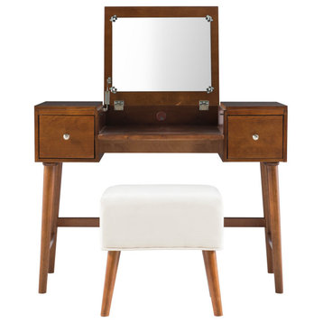 Retro Modern Vanity Set, Comfortable Cushioned Stool & Flip Up Mirror, Walnut