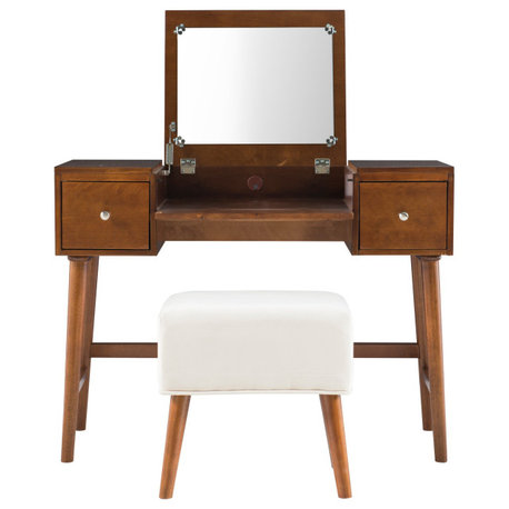 Retro Modern Vanity Set, Comfortable Cushioned Stool & Flip Up Mirror, Walnut