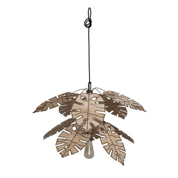 29" Round Metal, Banana Fiber Leaf Hanging Pendant Lamp, Hardwire, Antique Brass