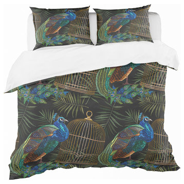 Tails of Peacocks and Birds Cage Farmhouse Duvet Cover, Queen