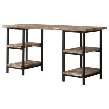 Rustic Desk, Double Pedestal Design With Open Wooden Shelves, Distressed Finish