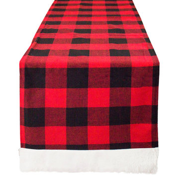 Buffalo Plaid Red Black With White Faux Fur Border Table Runner (16"x72")