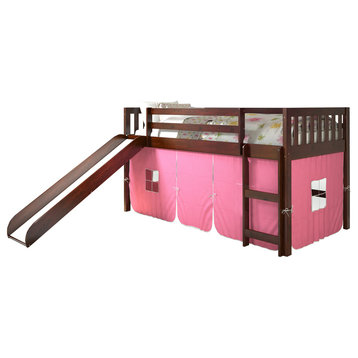 Donco Kids Avalon Low-Loft Bed With Cappuccino Slide and Pink Tent, Twin
