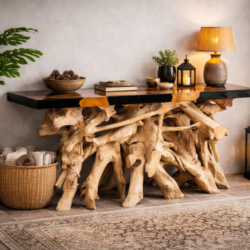 Teak Root Console Table with Black Gloss Epoxy Top