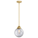 Innovations Lighting - Beacon Mini Pendant, Satin Gold, Clear, Clear - The Nouveau 2 is a highly detailed work of art that draws the eyes into its base and arm detail. The true show stopping piece is the beautifully curved glass shade that's sure to wow you and guests alike.