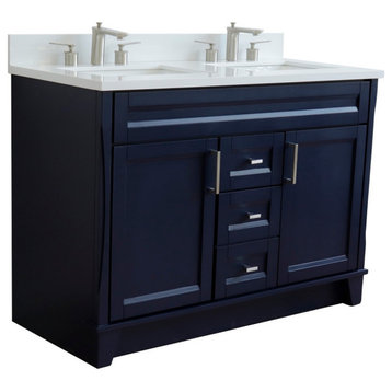 48" Double Sink Vanity, Blue Finish With White Quartz And Rectangle Sink
