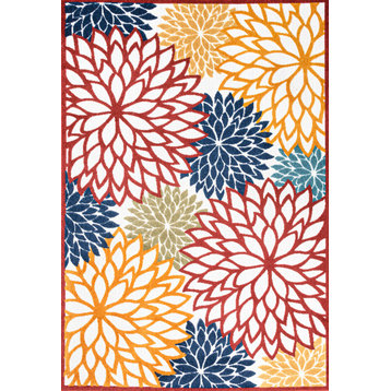 Minori Floral Indoor/Outdoor Area Rug, Cream and Red and Blue, 5x8